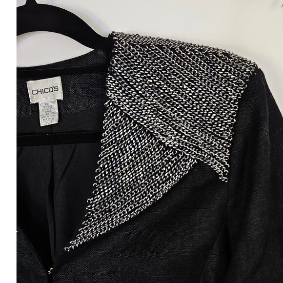 Chicos Black Linen Blend Blazer Sz 2 Large Silver Chain Collar Edgy Chic Office - Picture 4 of 11